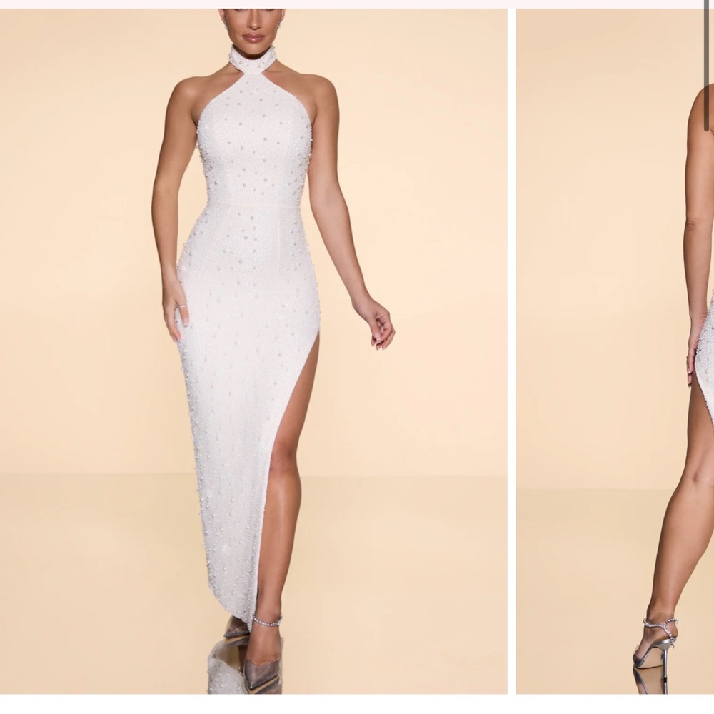 COPY - Oh Polly POSITANO Embellished High Neck Split Maxi Dress in Ivory